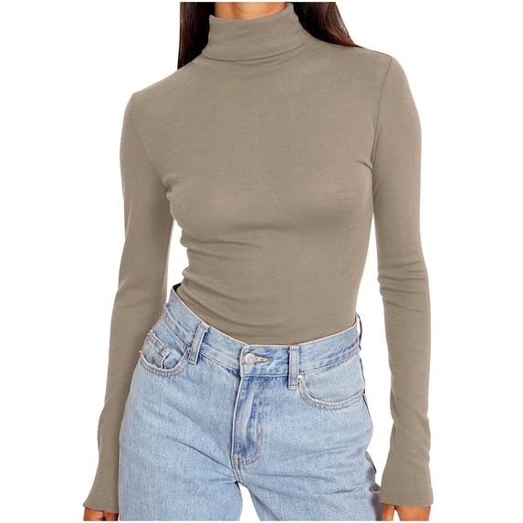 QQAMB Women's Tops Ribbed Turtleneck Fitted Solid Color Long Sleeve Shirts Basic Thermal Layering Tops Khaki XL