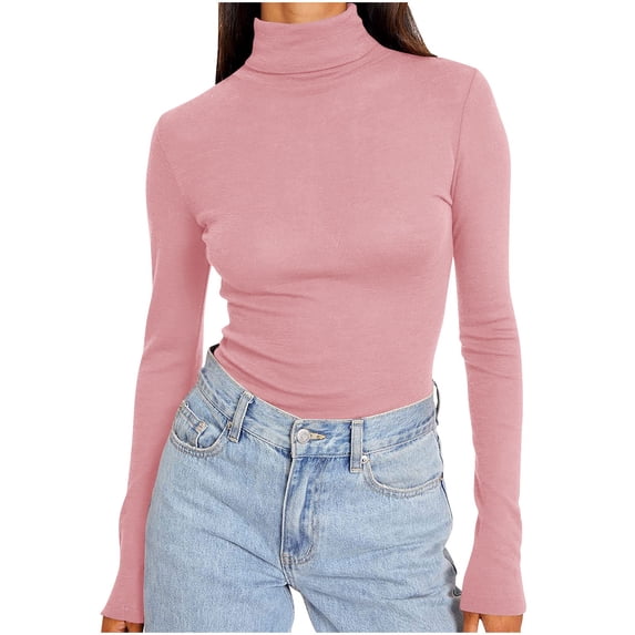 QQAMB Women's Tops Ribbed Turtleneck Fitted Solid Color Long Sleeve Shirts Basic Thermal Layering Tops Pink M