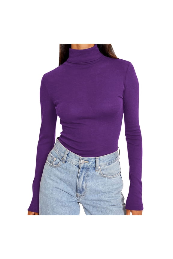 Women's Tops Ribbed Turtleneck Fitted Solid Color Long Sleeve Shirts Basic Thermal Layering Tops Purple 2XL