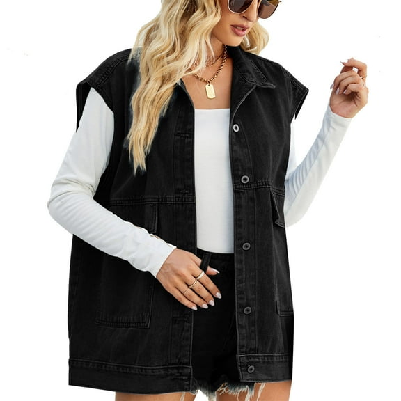 QQAMB Women's Trendy Denim Vest Cotton Classic Solid Color Loose Sleeveless Lapel Button Up Jean Jacket Tops Black S