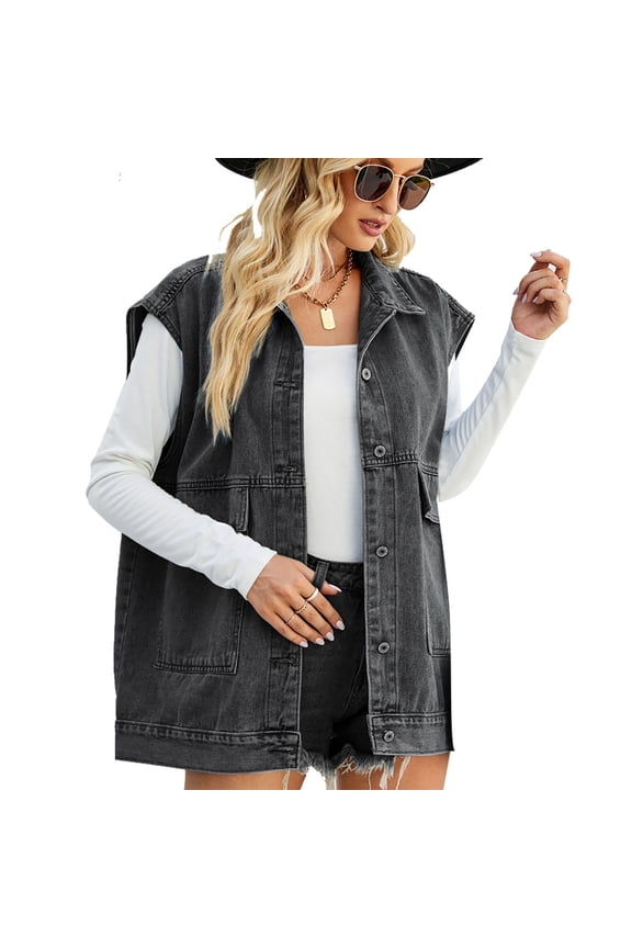 Women's Trendy Denim Vest Cotton Classic Solid Color Loose Sleeveless Lapel Button Up Jean Jacket Tops Gray L