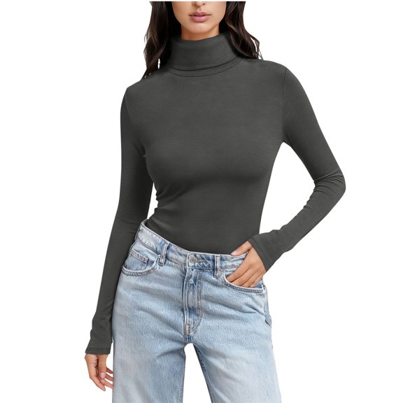 QQAMB Women's Turtleneck Long Sleeve Shirts Fall Fashion Basic Thermal Underwear Tops Winter Clothes Dark Gray 3XL