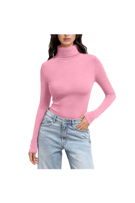 Women's Turtleneck Long Sleeve Shirts Fall Fashion Basic Thermal Underwear Tops Winter Clothes Pink 3XL