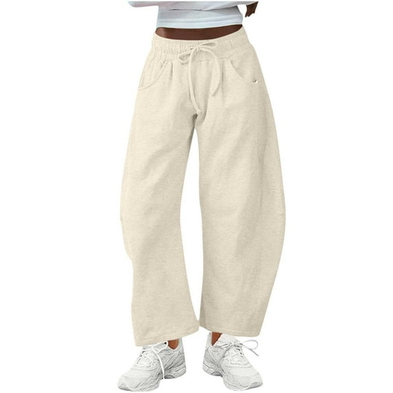 QQAMB Women's Wide Leg Sweatpants Solid Color Barrel Drawstring Elastic Waisted Casual Trousers with Pockets Khaki 2XL