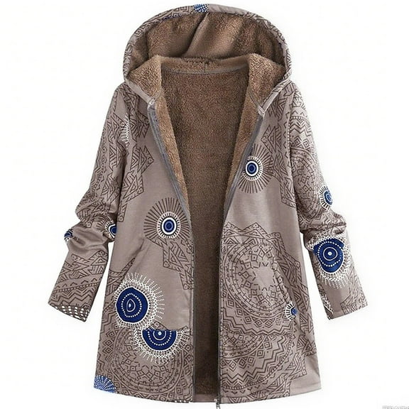 QQAMB Women's Winter Coat Ethnic Style Patchwork Sherpa Fleece Lined Hooded Jacket Plus Size Fluffy Warm Outwear with Pockets Coffee M