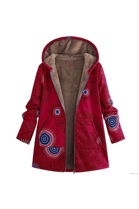 Women's Winter Coat Ethnic Style Patchwork Sherpa Fleece Lined Hooded Jacket Plus Size Fluffy Warm Outwear with Pockets Red 5XL