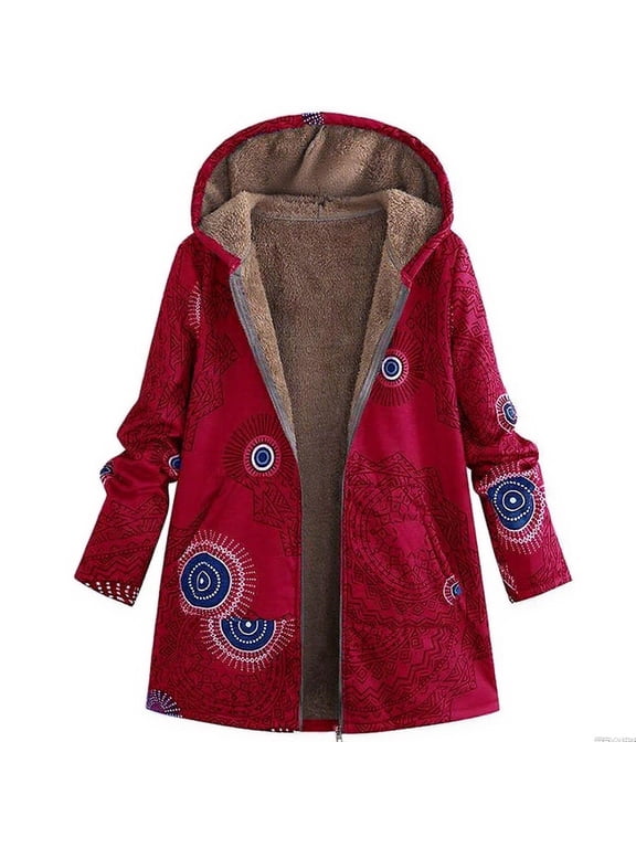 Women's Winter Coat Ethnic Style Patchwork Sherpa Fleece Lined Hooded Jacket Plus Size Fluffy Warm Outwear with Pockets Red XL