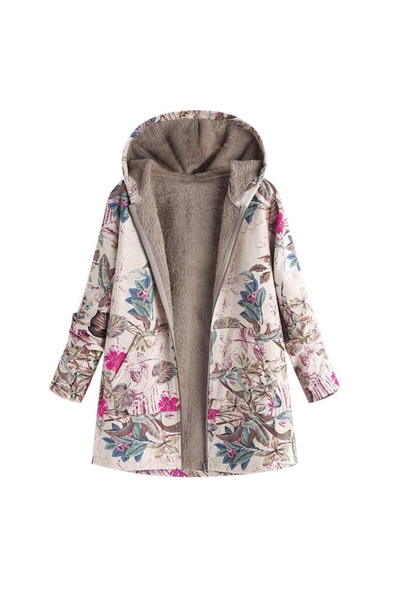 Women's Winter Coat Floral Printed Patchwork Sherpa Fleece Lined Hooded Jacket Plus Size Fluffy Warm Outwear with Pockets White 5XL