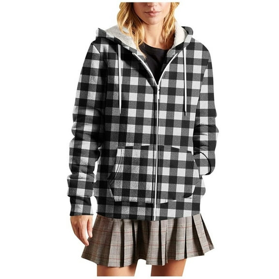 QQAMB Women's Winter Coat Sherpa Lined Plaid Flannel Jacket Full Zipper Hooded Flannel Shirt Jacket Warm Shacket Gray 2XL