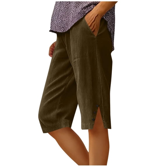 QQAMB Womens Bermuda Shorts Knee Length Dressy Causal Elastic Waist Buttons Linen Shorts with Pockets Summer Beach Outfits Brown S
