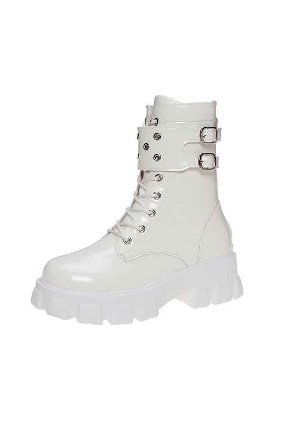 Womens Boots Combat Lug Platform Chunky Heel Lace Up Goth Boots Buckle Strap Punk Short Booties With Zipper