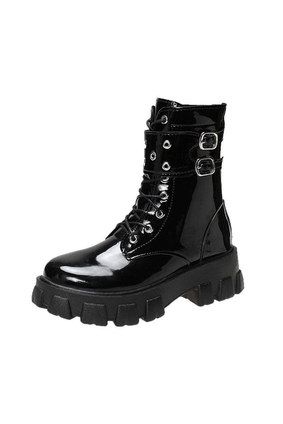 Womens Boots Combat Lug Platform Chunky Heel Lace Up Goth Boots Buckle Strap Punk Short Booties With Zipper