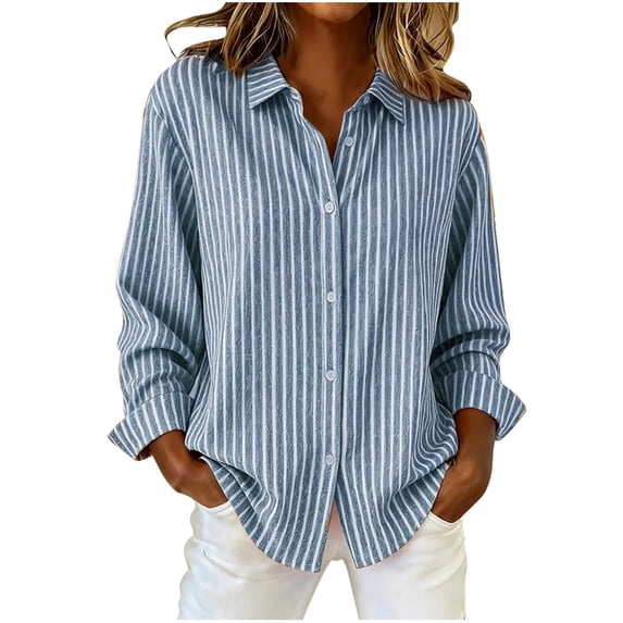 QQAMB Womens Button Down Shirts Striped Dress Shirt Long Sleeve Collared Office Work Blouses Fall Spring Casual Office Tops