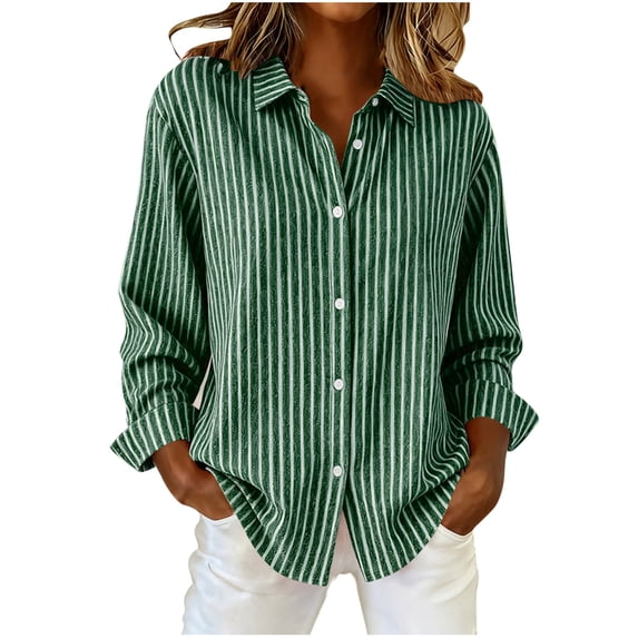 QQAMB Womens Button Down Shirts Striped Dress Shirt Long Sleeve Collared Office Work Blouses Fall Spring Casual Office Tops