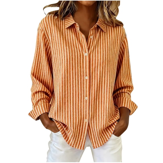 QQAMB Womens Button Down Shirts Striped Dress Shirt Long Sleeve Collared Office Work Blouses Fall Spring Casual Office Tops