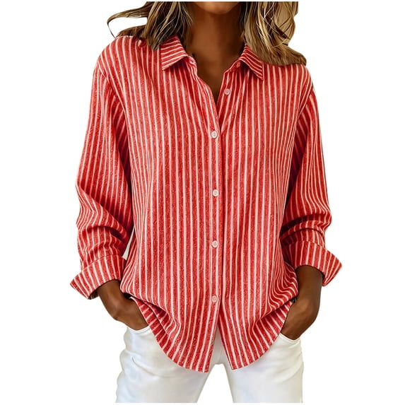 QQAMB Womens Button Down Shirts Striped Dress Shirt Long Sleeve Collared Office Work Blouses Fall Spring Casual Office Tops