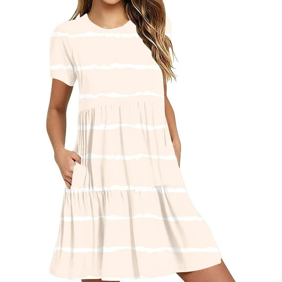 DeHolifer Womens Casual Dress Summer Beach Striped Dress Short Sleeve Crewneck Knee Length Dresses Loose Sundress Beige M