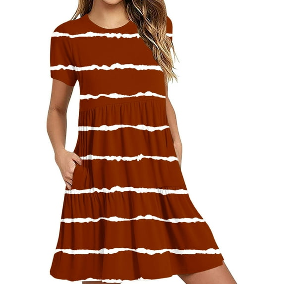 QQAMB Womens Casual Dress Summer Beach Striped Dress Short Sleeve Crewneck Knee Length Dresses Loose Sundress Orange XL