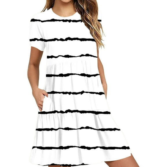 QQAMB Womens Casual Dress Summer Beach Striped Dress Short Sleeve Crewneck Knee Length Dresses Loose Sundress White M