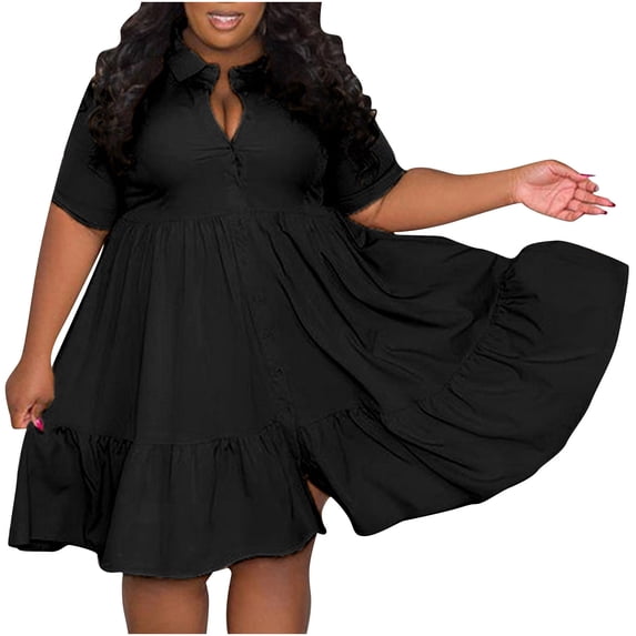 DeHolifer Womens Casual Dresses Turndown Collar Solid Color Short Sleeve Button Down Plus Size Midi Summer Dress Black 3XL