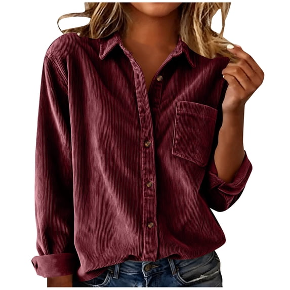 QQAMB Womens Corduroy Shirts Long Sleeve Collared Button Down Blouse Oversized Boyfriend Tops Jackets Shackets with Pocket