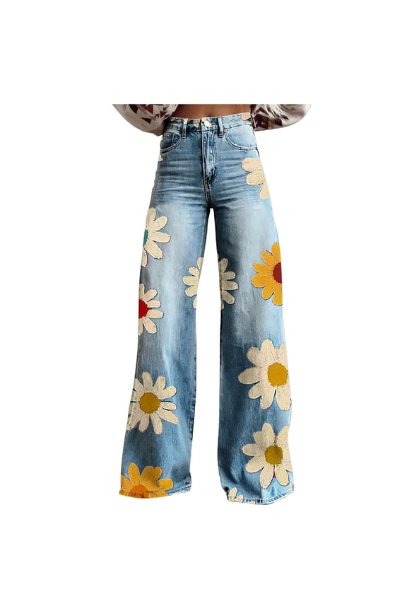 Womens Deinm Pants Floral Printed High Waisted Elastic Wide Leg Casual Loose Jeans Pants with Pocket Beige 3XL