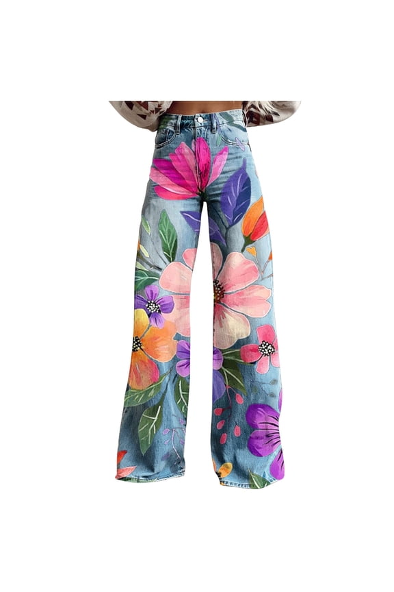Womens Deinm Pants Floral Printed High Waisted Elastic Wide Leg Casual Loose Jeans Pants with Pocket Purple L