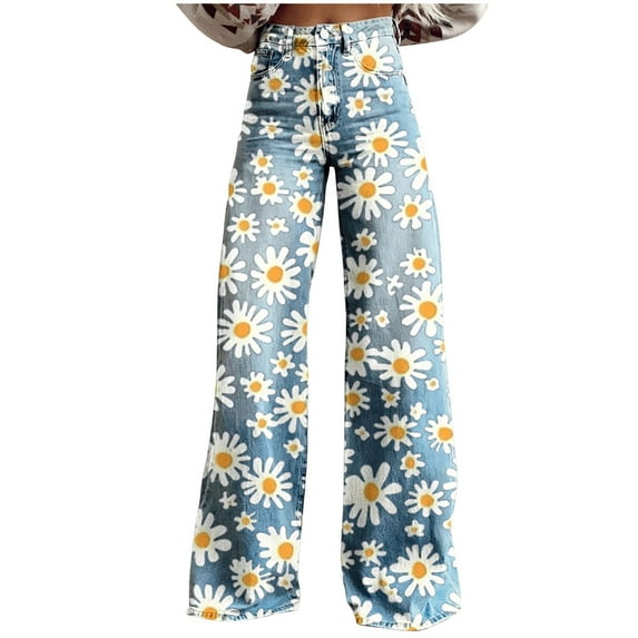 QQAMB Womens Deinm Pants Floral Printed High Waisted Elastic Wide Leg Casual Loose Jeans Pants with Pocket White 2XL
