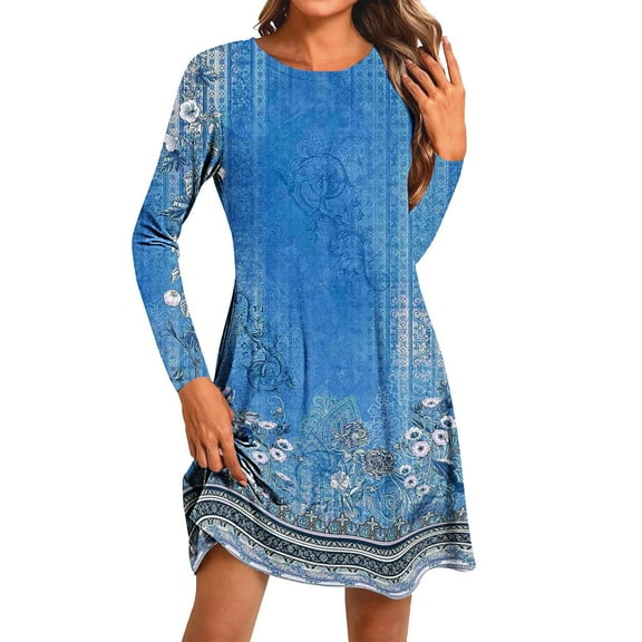 QQAMB Womens Dresses Floral Printed Crewneck Loose Midi Knee Length Dresses Casual Long Sleeve Dresses Blue M