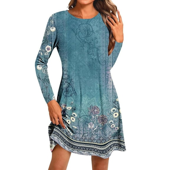QQAMB Womens Dresses Floral Printed Crewneck Loose Midi Knee Length Dresses Casual Long Sleeve Dresses Green L