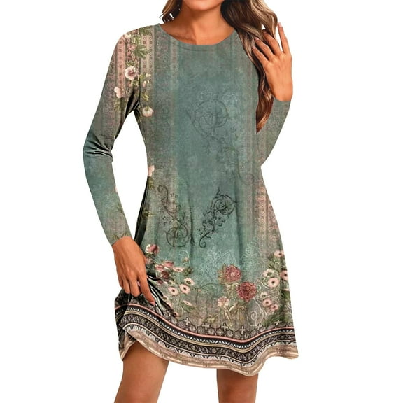 QQAMB Womens Dresses Floral Printed Crewneck Loose Midi Knee Length Dresses Casual Long Sleeve Dresses Green L