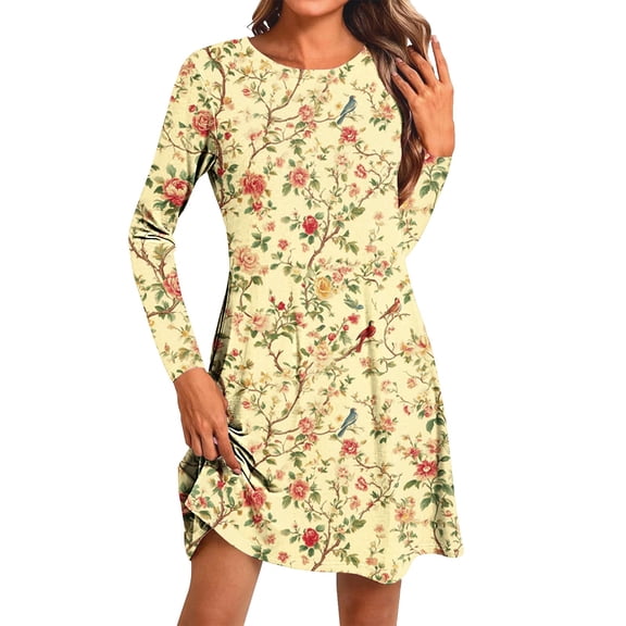 QQAMB Womens Dresses Floral Printed Crewneck Loose Midi Knee Length Dresses Casual Long Sleeve Dresses Multicolor M