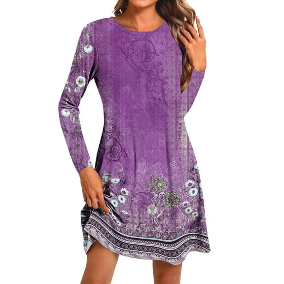 QQAMB Womens Dresses Floral Printed Crewneck Loose Midi Knee Length Dresses Casual Long Sleeve Dresses Purple M