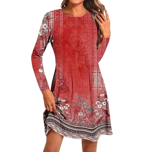 QQAMB Womens Dresses Floral Printed Crewneck Loose Midi Knee Length Dresses Casual Long Sleeve Dresses Red XL