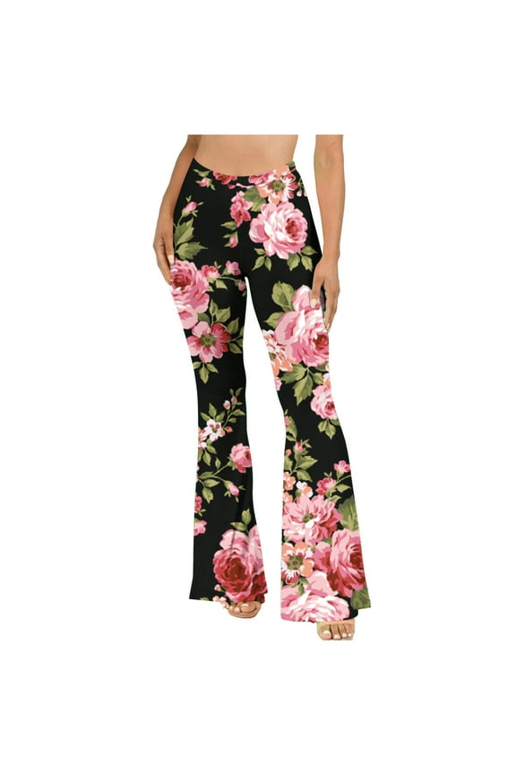 Womens Flare Leggings Hippie Floral Printed High Elastic Waisted Tummy Control Wide Leg Bootcut Yoga Pants Black M