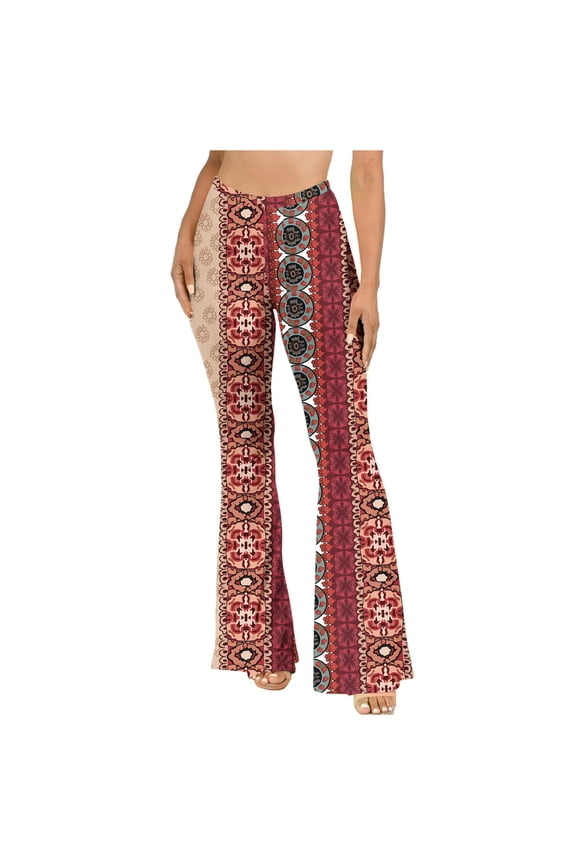 QQAMB Womens Flare Leggings Hippie Floral Printed High Elastic Waisted Tummy Control Wide Leg Bootcut Yoga Pants Wine M