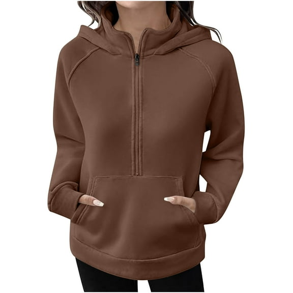 QQAMB Womens Half Zip Hoodies Long Sleeve Pullover Workout Oversized Hooded Sweatshirt Fall Winter Solid Tops with Pocket Coffee L