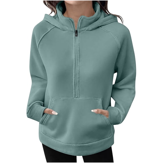 QQAMB Womens Half Zip Hoodies Long Sleeve Pullover Workout Oversized Hooded Sweatshirt Fall Winter Solid Tops with Pocket Mint Green M