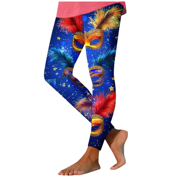 QQAMB Womens High Waisted Leggings Tights Mardi Gras Printed Skinny Pant Stretchy Yoga Pant for Running Workout Blue 3XL