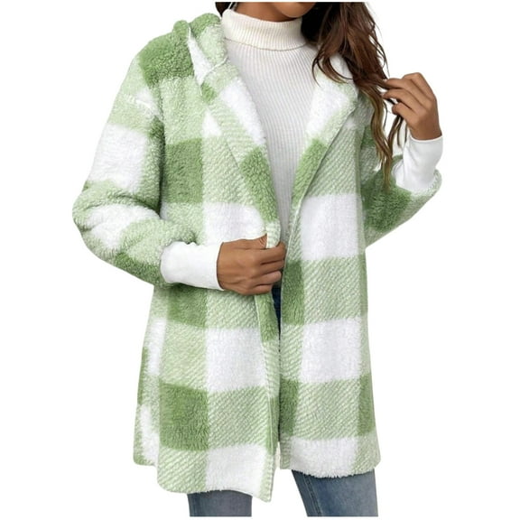 QQAMB Womens Hooded Fuzzy Sherpa Lined Fleece Jacket Open Front Plaid Cardigan Comfy Soft Winter Clothes Green L