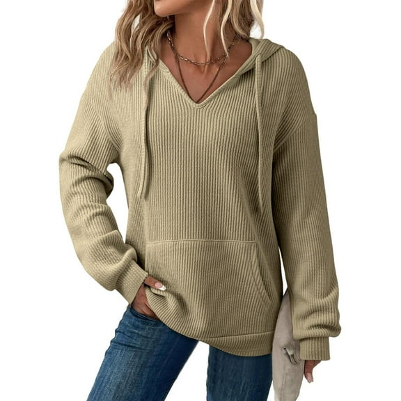 QQAMB Womens Hoodies Sweatshirts Ribbed Knit Long Sleeve Drawstring V-Neck Casual Pullover Sweatshirt Hooded Tops