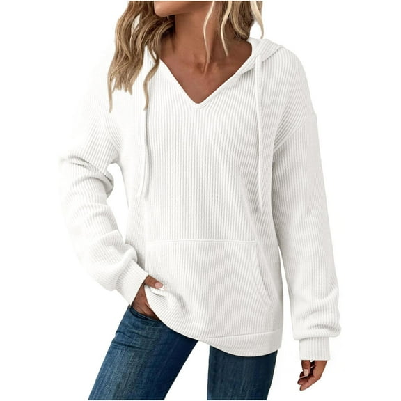 QQAMB Womens Hoodies Sweatshirts Ribbed Knit Long Sleeve Drawstring V-Neck Casual Pullover Sweatshirt Hooded Tops