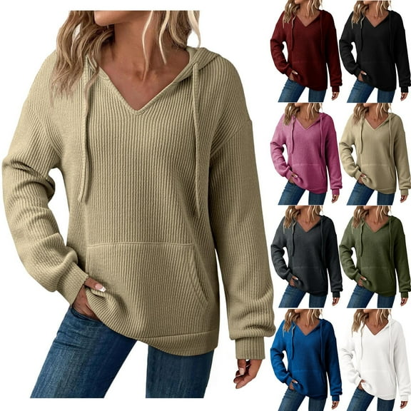 QQAMB Womens Hoodies Sweatshirts Ribbed Knit Long Sleeve Drawstring V-Neck Casual Pullover Sweatshirt Hooded Tops