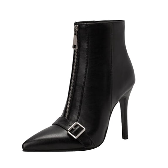 QQAMB Womens Kitten Heel Ankle Boots Pointed Toe Buckle Side Zipper Tassel Fall Winter Booties Shoes