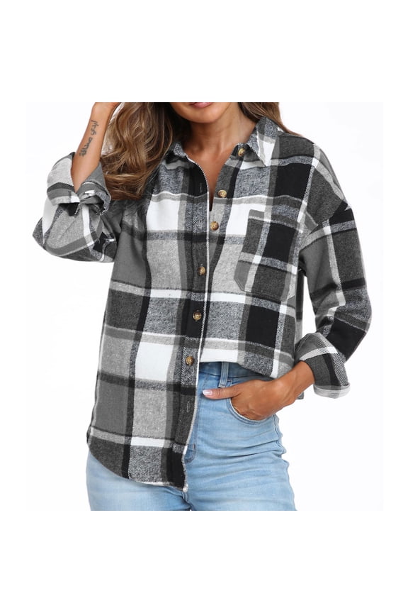 Womens Long Sleeve Button Down Plaid Shirts Flannel Hooded Shacket Jacket Hoodie Coats Gray XL