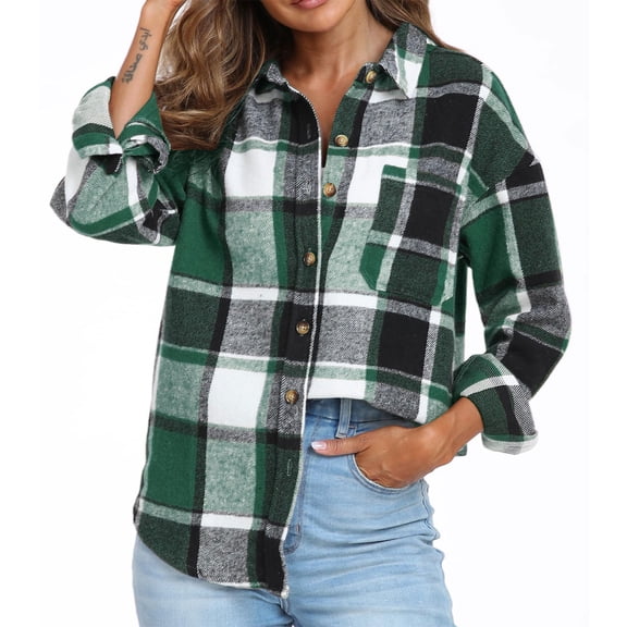 QQAMB Womens Long Sleeve Button Down Plaid Shirts Flannel Hooded Shacket Jacket Hoodie Coats Green 2XL