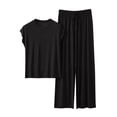 thumbnail image 1 of DeHolifer Womens Lounge Sets 2 Piece Outfits Short Sleeve V-Neck Summer Top Elastic Waist Wide Leg Pants Tracksuit Outfits Black M, 1 of 5