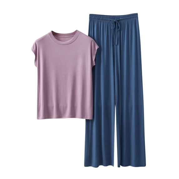 QQAMB Womens Lounge Sets 2 Piece Outfits Short Sleeve V-Neck Summer Top Elastic Waist Wide Leg Pants Tracksuit Outfits Purple M
