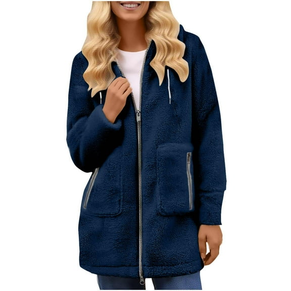 QQAMB Womens Oversized Sherpa Jacket Fuzzy Fleece Zip Up Jacket Warm Winter Coats Faux Fur Coat with Pockets Navy S
