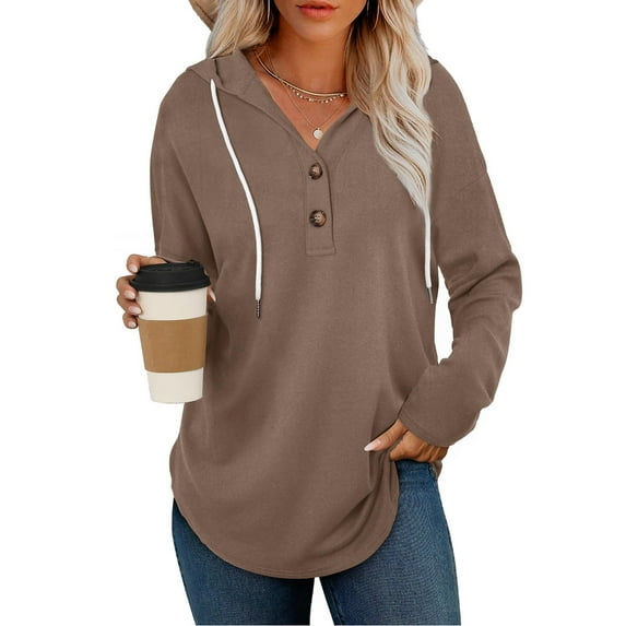 QQAMB Womens Oversized Sweatshirts Button V-Neck Casual Drawstring Long Sleeve Hooded Tops Solid Color Pullover Shirts Khaki XL